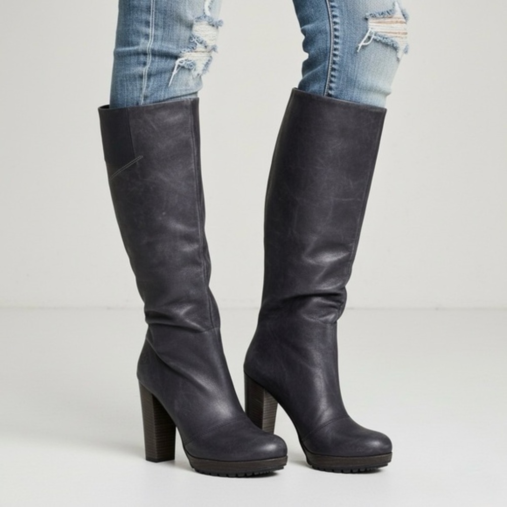 G-STAR RAW Women's Anthracite Leather Chunky Platform Block Heel Knee High Boots